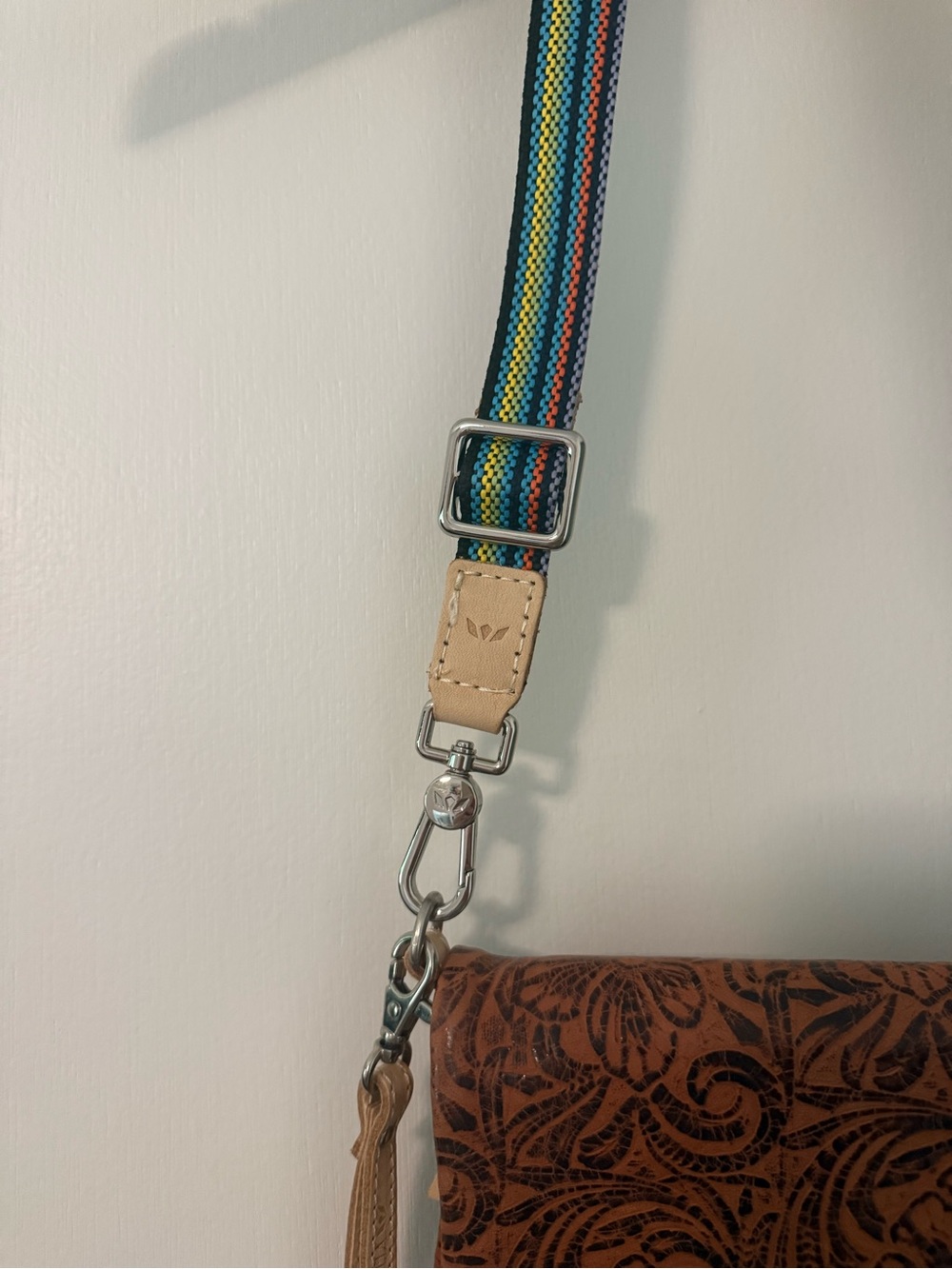 Consuela Uptown Sally Brown Floral Embossed Leather Crossbody with Rainbow Strap - Picture 4 of 6